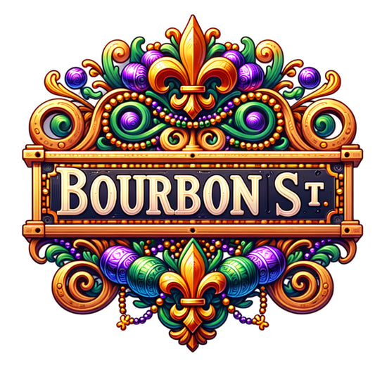 watercolor, mardi gras, bourbon street, fleur-de-lis, purple, green, gold, orange, ornate scrollwork, decorative beads, carnival theme, new orleans, fabric panel, festive design, baroque elements, swirls, elaborate ornamentation, vibrant colors, party theme