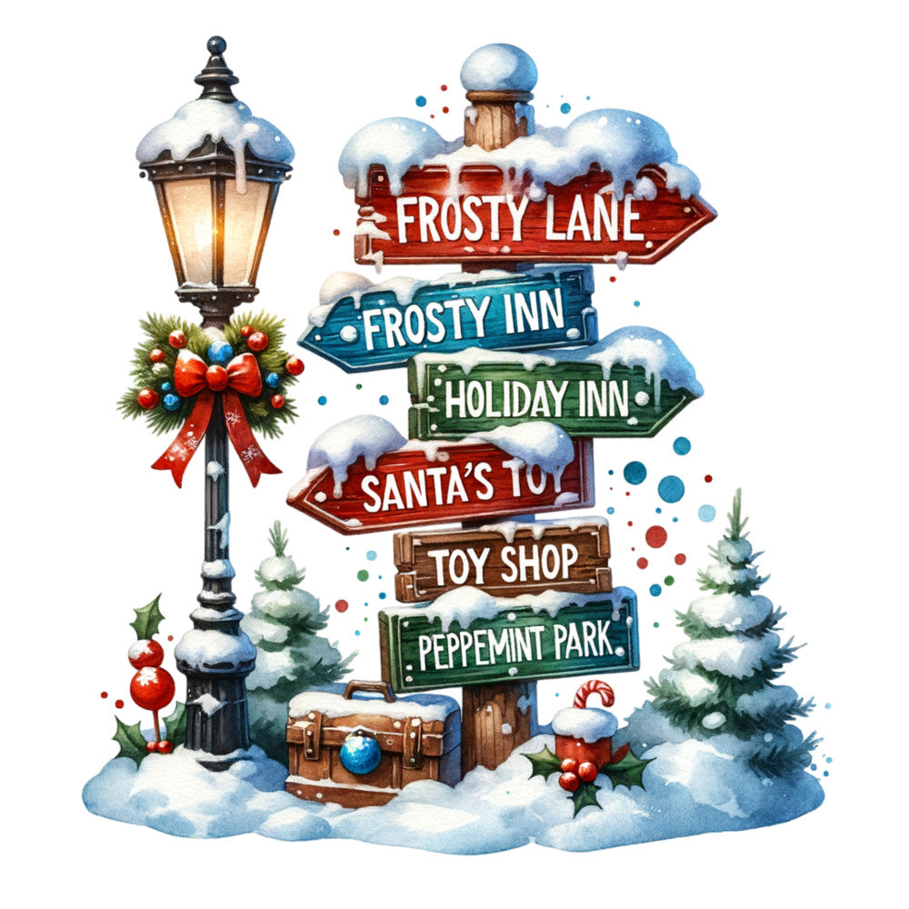 christmas signpost, winter scene, snow covered, street lamp, evergreen trees, red ribbon, holly berries, fabric panel, quilting cotton, holiday themed, festive colors, watercolor style, directional signs, christmas village, winter wonderland, red green blue, snowy landscape, seasonal craft, applique design, decorative panel