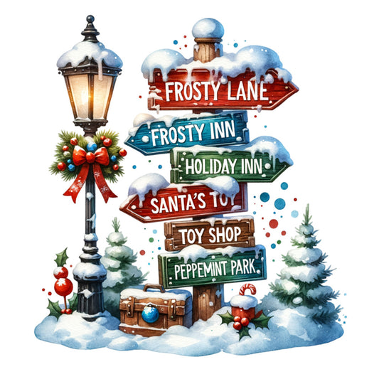 christmas signpost, winter scene, snow covered, street lamp, evergreen trees, red ribbon, holly berries, fabric panel, quilting cotton, holiday themed, festive colors, watercolor style, directional signs, christmas village, winter wonderland, red green blue, snowy landscape, seasonal craft, applique design, decorative panel