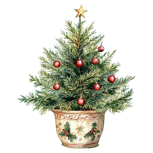 christmas tree, holiday, festive, red ornaments, gold star, evergreen, potted tree, vintage christmas, traditional, elegant, winter, christmas decorations, holly, berries, topiary, tabletop tree, miniature tree, forest green, cream, gold accents, decorative pot, festive ornaments, seasonal, nostalgic, classic, botanical, nature-inspired, red and green, holiday décor, christmas motifs