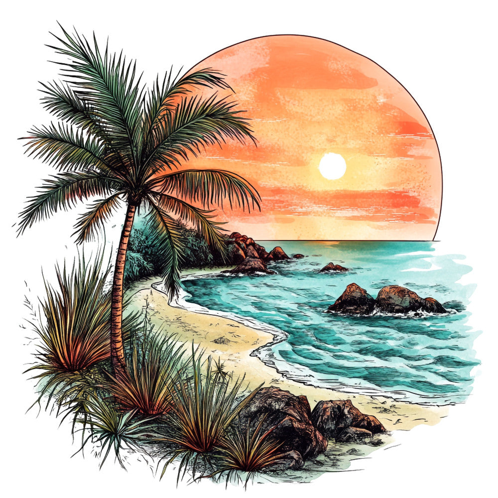 tropical sunset, beach scene, palm tree, ocean waves, turquoise blue, coral orange, golden yellow, sandy beige, rocky coastline, nautical, coastal, summer, nature, landscape, scenic, whimsical, bohemian, tropical paradise, seaside, seascape, island vibes, relaxation, travel theme, destination, watercolor style, illustration, artistic, decorative panel, wall hanging, home decor