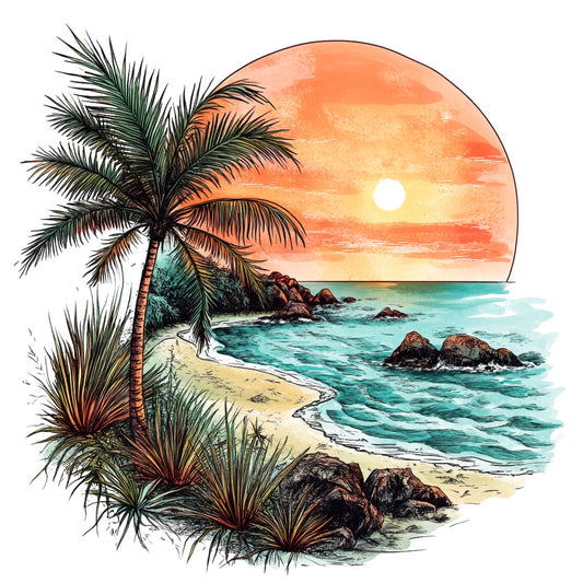 tropical sunset, beach scene, palm tree, ocean waves, turquoise blue, coral orange, golden yellow, sandy beige, rocky coastline, nautical, coastal, summer, nature, landscape, scenic, whimsical, bohemian, tropical paradise, seaside, seascape, island vibes, relaxation, travel theme, destination, watercolor style, illustration, artistic, decorative panel, wall hanging, home decor