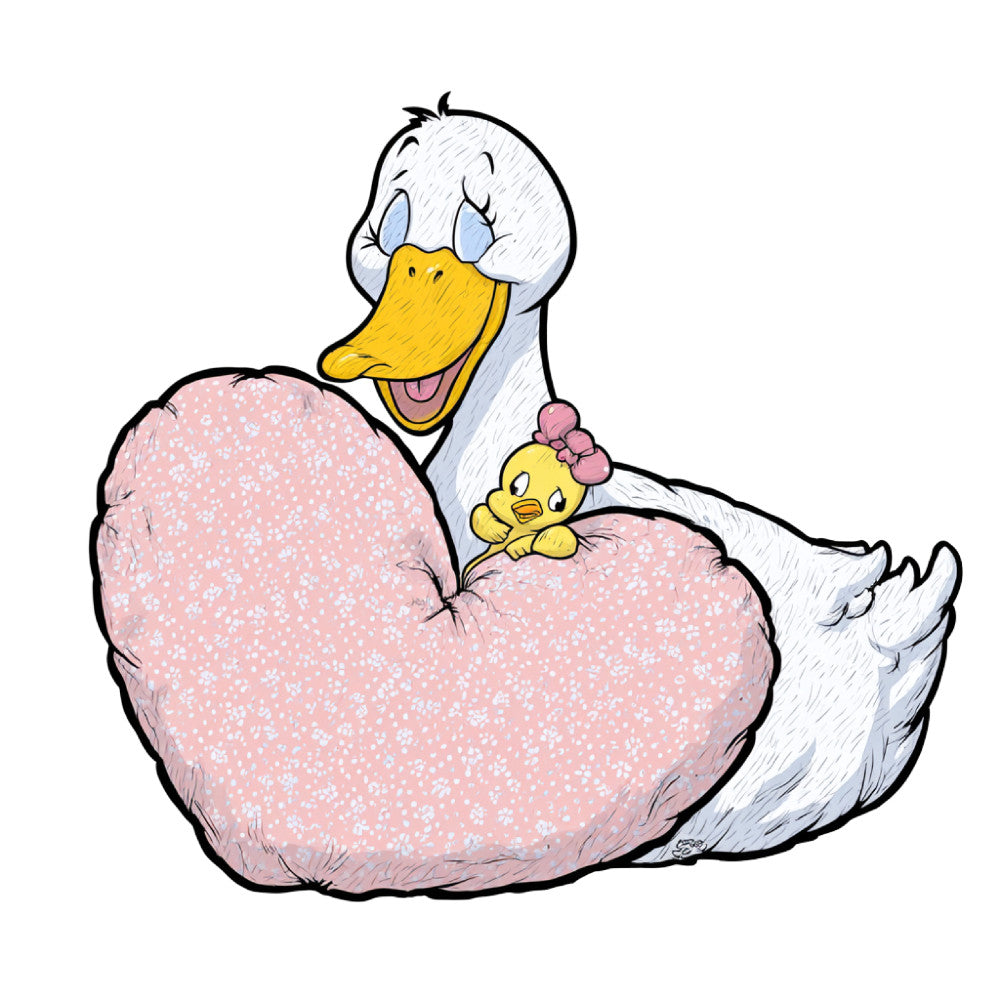 white, dusty rose, pale pink, yellow, gold, duck, duckling, mother and baby, animals, nursery, children, whimsical, sweet, cute, floral print, dotted pattern, spring, baby quilt, baby shower, newborn, gentle, soft, playful, farmyard, storybook, illustration, vintage style, classic