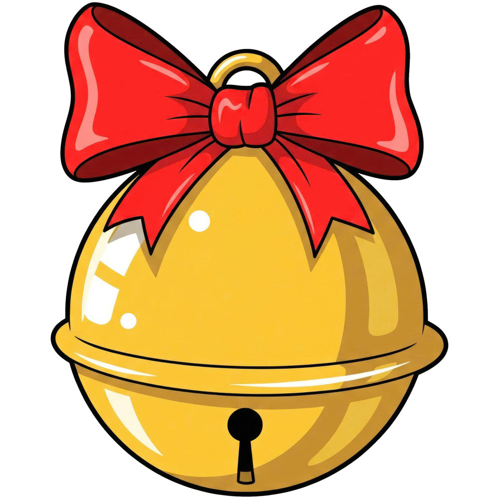 gold bell, red bow, Christmas, holiday, festive, jingle bell, seasonal, winter, golden yellow, bright red, dark red, whimsical, cheerful, decorative, traditional, vintage, retro, nostalgic, bell motif, ribbon bow, Christmas ornament, festive decoration, holiday themed, children's, playful, cute, illustrated, charming, classic Christmas, yuletide