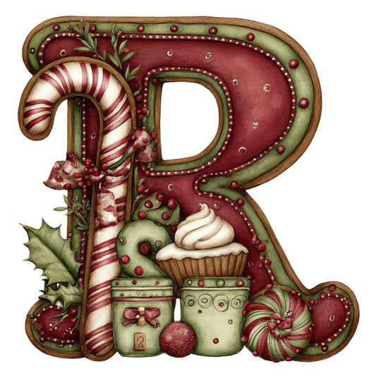 burgundy red, forest green, cream white, candy cane, striped, holiday, christmas, festive, whimsical, vintage, traditional, decorative letter r, candy canes, peppermint, holly leaves, ornaments, cupcakes, desserts, sweets, beaded details, embellished, ornate, seasonal, winter, festive decor, elegant, hand-painted style, decorative initial, monogram