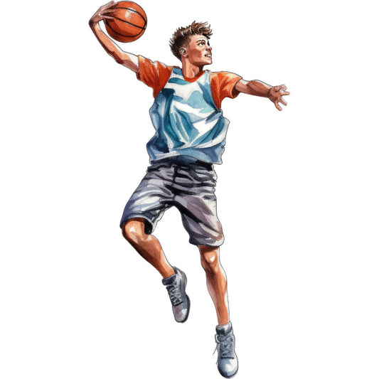 basketball, sports, athletic, male figure, action pose, jumping player, orange, navy blue, white, teal blue, gray, purple, casual wear, streetwear, modern, dynamic, youth, teen, active lifestyle, recreation, hobby, contemporary style, illustrative, watercolor effect, painted style, jersey, shorts, sneakers, movement