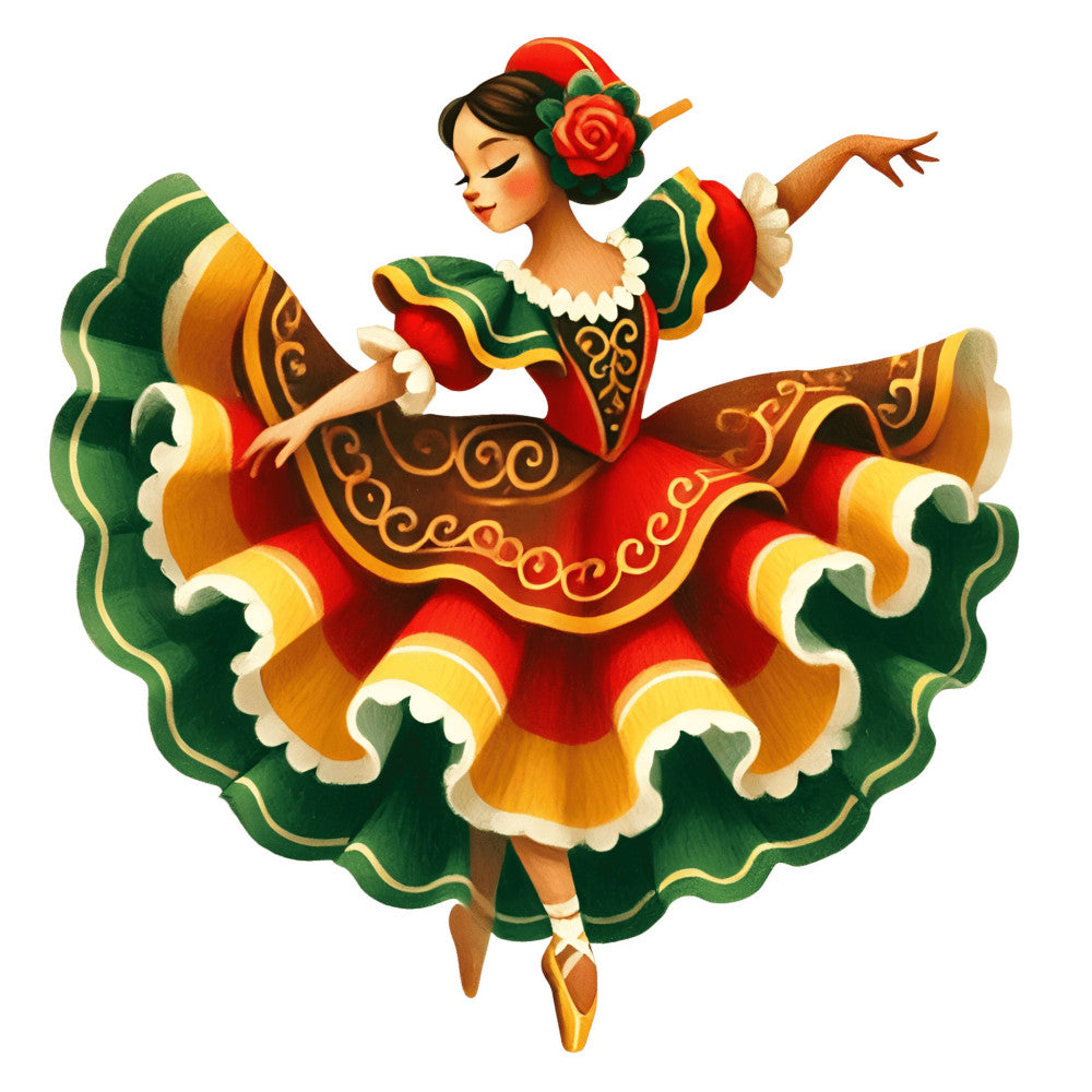 dancer, ballet, spanish dancer, flamenco, red, forest green, gold, yellow, cream, ornate, decorative, embellished, cultural, traditional, folk art, vintage, whimsical, elegant, performance, theatrical, festive, woman, figure, movement, dynamic pose, layered skirt, ruffles, roses, flowers, headpiece