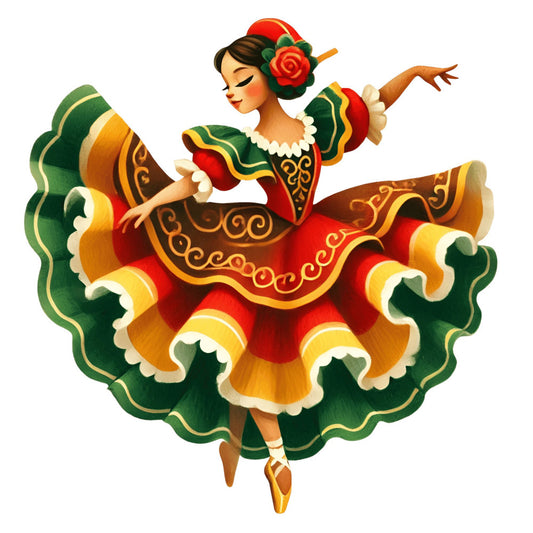 dancer, ballet, spanish dancer, flamenco, red, forest green, gold, yellow, cream, ornate, decorative, embellished, cultural, traditional, folk art, vintage, whimsical, elegant, performance, theatrical, festive, woman, figure, movement, dynamic pose, layered skirt, ruffles, roses, flowers, headpiece