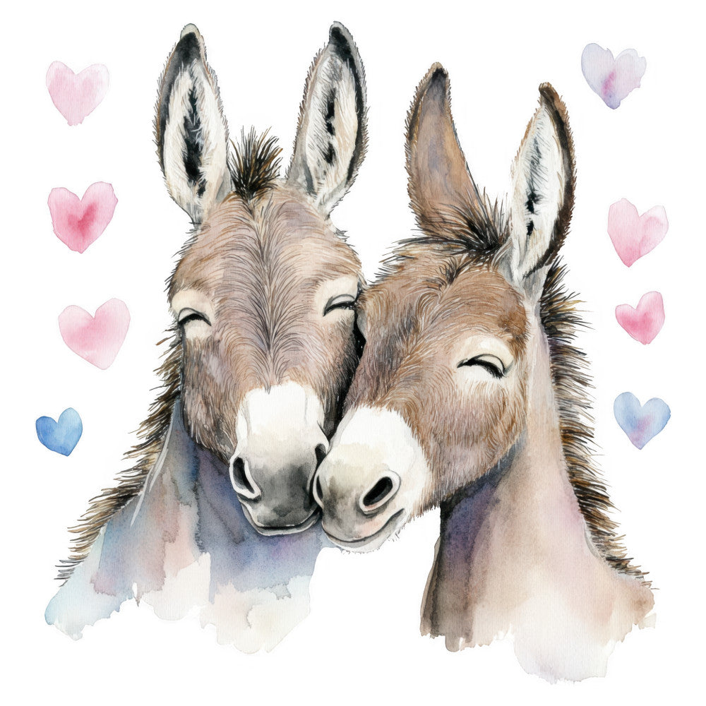 donkey, sweet animals, whimsical, farmhouse, hearts, watercolor, gentle, cute, nursery, children's, pastel pink, soft brown, cream, lavender, blush pink, baby animals, friendship, love, tenderness, rustic charm, country, decorative, wall hanging, baby quilt, animal friends, bonding, sweet faces, enchanting, feminine, soft colors