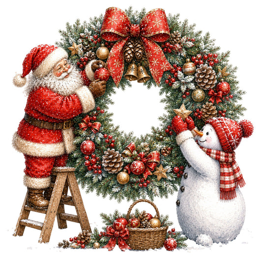 christmas, holiday, santa, snowman, wreath, red, cream, gold, green, festive, traditional, whimsical, vintage, elegant, seasonal, winter, pine cones, bells, ornaments, ribbon bow, stars, berries, rustic, decorative, nostalgic, snow, red and gold, evergreen, winter scene, holiday theme
