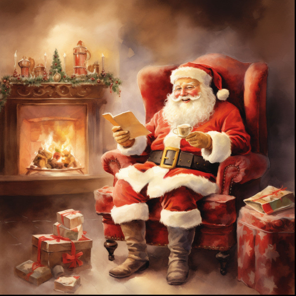 santa claus, christmas scene, fireplace, red armchair, gift boxes, warm orange glow, cozy interior, holiday decorations, mantelpiece garland, candles, fabric panel, quilting cotton, festive imagery, winter theme, jolly santa, reading book, hot beverage, wrapped presents, christmas morning, seasonal print