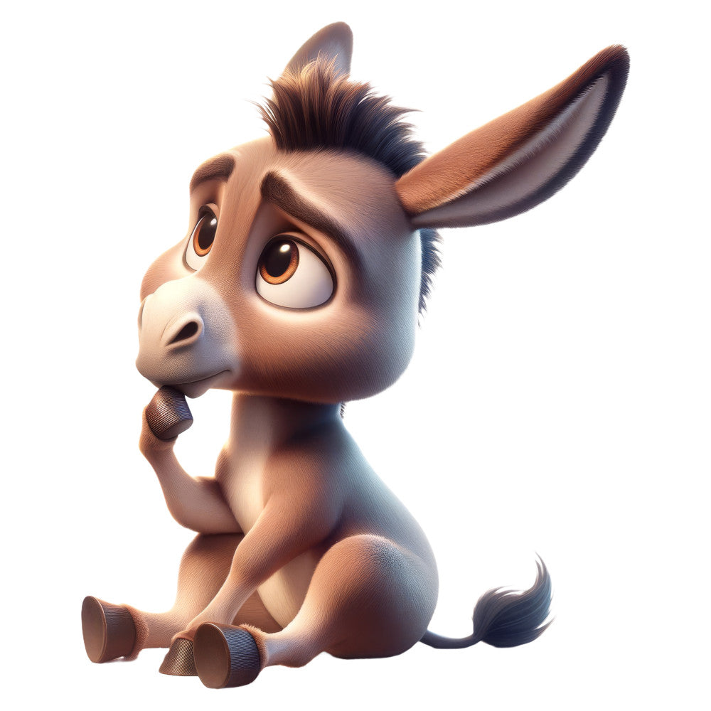 tan brown, warm beige, cream, chocolate brown, tan, cute animals, donkey, playful, whimsical, childlike, cartoon style, gentle expression, nursery, kids, baby quilt, children's fabric, animal motif, sitting pose, innocent, friendly face, playful character, soft colors, warm tones, illustration style, character design, decorative panel, wall hanging, baby bedding, children's room, character fabric
