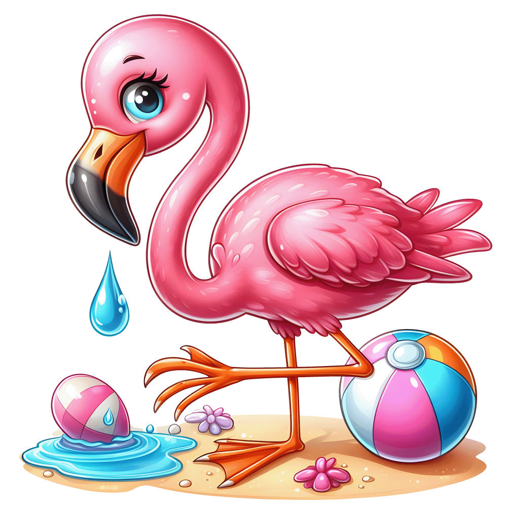 flamingo, baby animal, pink, coral, orange beak, blue eye, cartoon style, cute character, beach ball, water droplet, sand, tropical bird, whimsical, nursery design, fabric panel, quilting cotton, children's fabric, summer theme, playful, bright colors