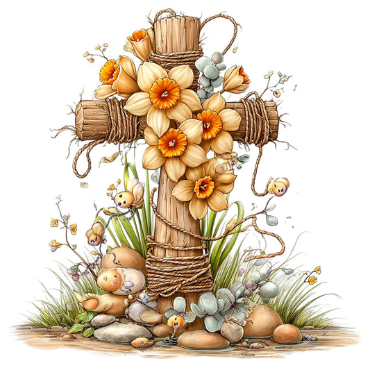 floral cross, fabric panel, rustic wood, rope binding, orange daffodils, cream flowers, gray eucalyptus, green grass, river stones, weathered timber, natural twigs, spring blooms, watercolor style, botanical illustration, religious motif, quilting cotton, earthy tones, pastoral scene, decorative cross, craft panel