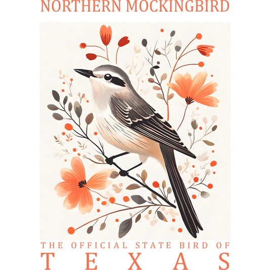 northern mockingbird, state bird, texas, coral orange, beige, brown, gray, botanical florals, decorative branches, berries, leaves, bird illustration, nature design, fabric panel, quilting cotton, spring flowers, wildlife motif, soft pastels, whimsical art style, floral elements
