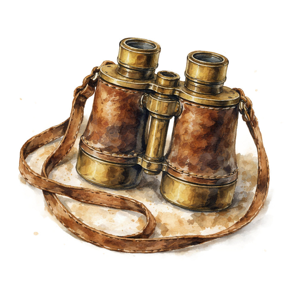 vintage binoculars, brass binoculars, brown leather, tan leather, antique, steampunk, explorer, adventure, travel, nautical, vintage tools, masculine, rustic, traditional, collectible, heritage, explorer gear, safari, adventure theme, leather strap, brass accents, copper tones, warm brown, cream, beige, exploration motif, vintage sporting equipment, timeless, classic design