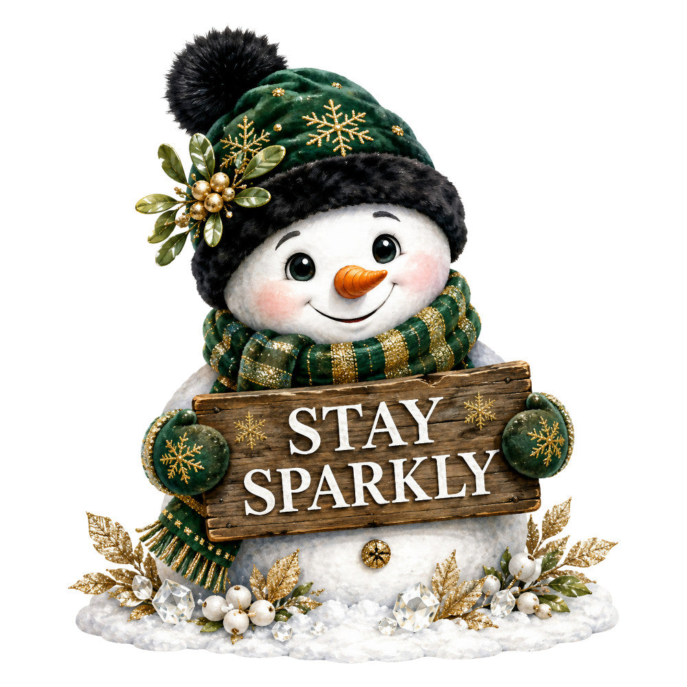 forest green, gold, white, cream, black, snowman, holiday, christmas, winter, festive, elegant, whimsical, sparkly, glitter, metallic gold, snowflakes, plaid, striped, scarf, hat, pom pom, mistletoe, berries, leaves, seasonal, december, sparkle theme, joy, cheerful, decorative