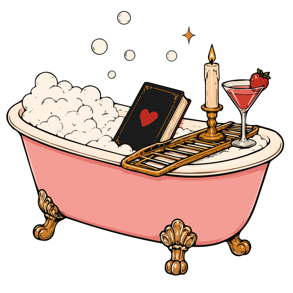 coral pink, rose gold, cream, black, red, luxury, romantic, spa, bathtub, bubbles, candlelight, candle, cocktail, strawberry, heart, book, love, elegant, whimsical, vintage, glamorous, indulgent, relaxation, self-care, pampering, romance, date night, anniversary, valentines day, decorative accents