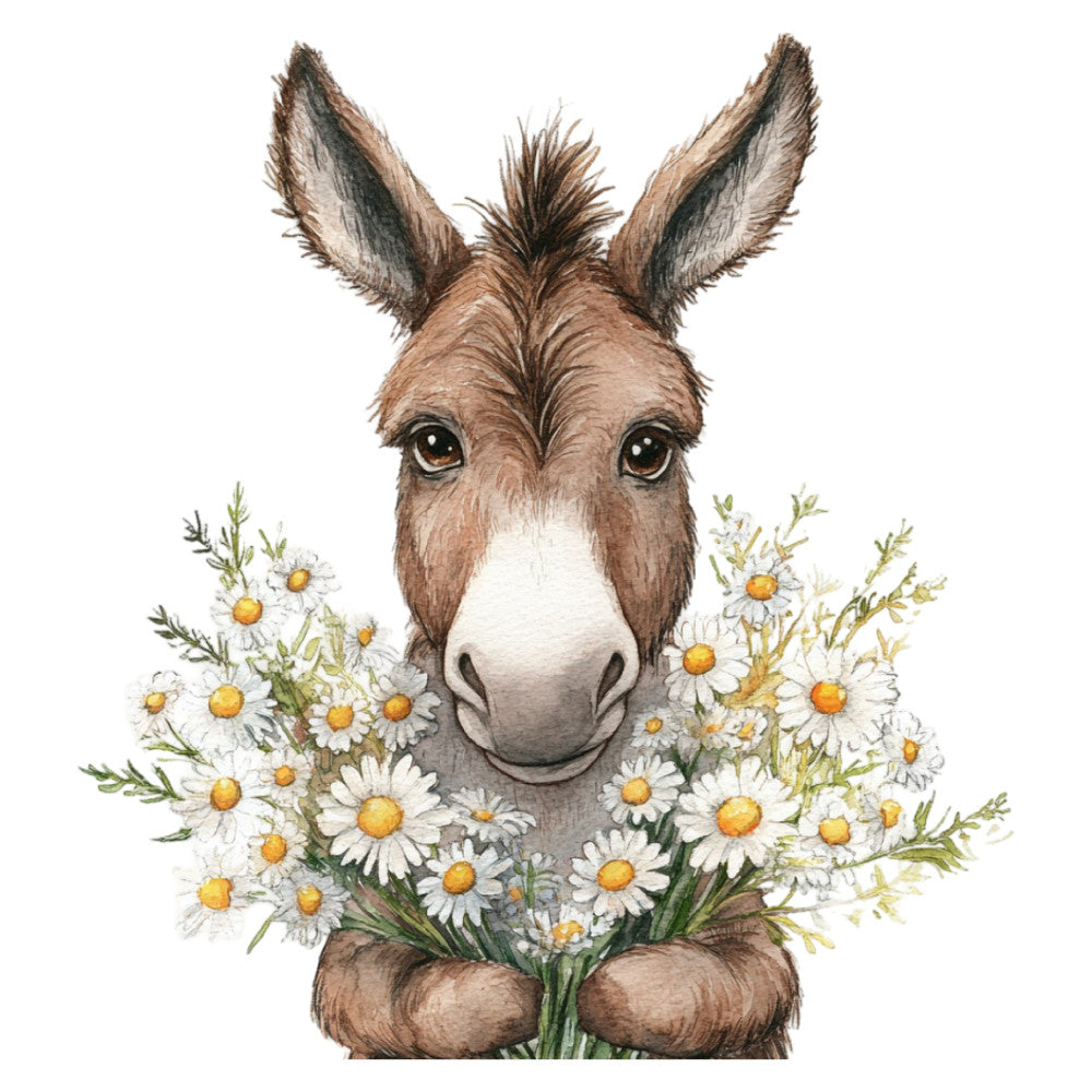 donkey, animals, floral, daisies, white flowers, yellow centers, farmhouse, whimsical, cute, sweet, gentle, spring, summer, nature, botanical, wildflowers, soft colors, tan, brown, cream, ivory, green foliage, rustic, children's, baby, nursery, wall hanging, decorative, illustration, watercolor style