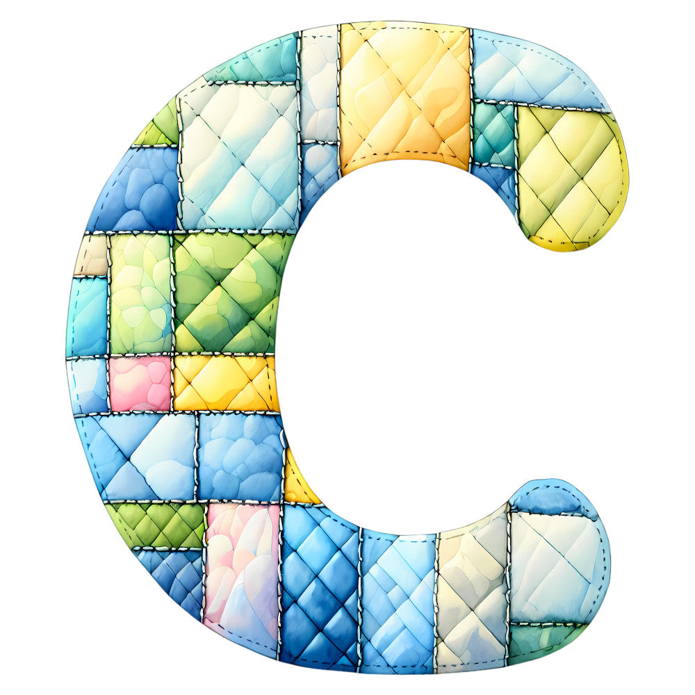 letter c, quilted, patchwork, geometric, colorful, blue, yellow, green, pink, cream, light blue, sky blue, navy blue, lime green, sage green, chartreuse, soft pastels, whimsical, playful, alphabet, educational, children, nursery, baby quilt, wall hanging, modern, contemporary, stitched, textured, multicolor