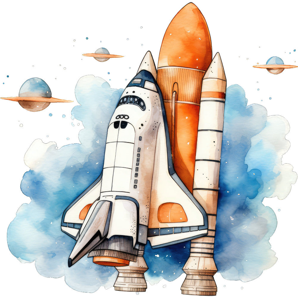 space shuttle, rocket, orange, white, sky blue, cream, navy blue, celestial, outer space, planets, clouds, whimsical, modern, adventure, space exploration, sci-fi, children's, educational, boy's nursery, retro futuristic, geometric, transportation, spacecraft, cosmic, star theme, playful, novelty print, panel fabric