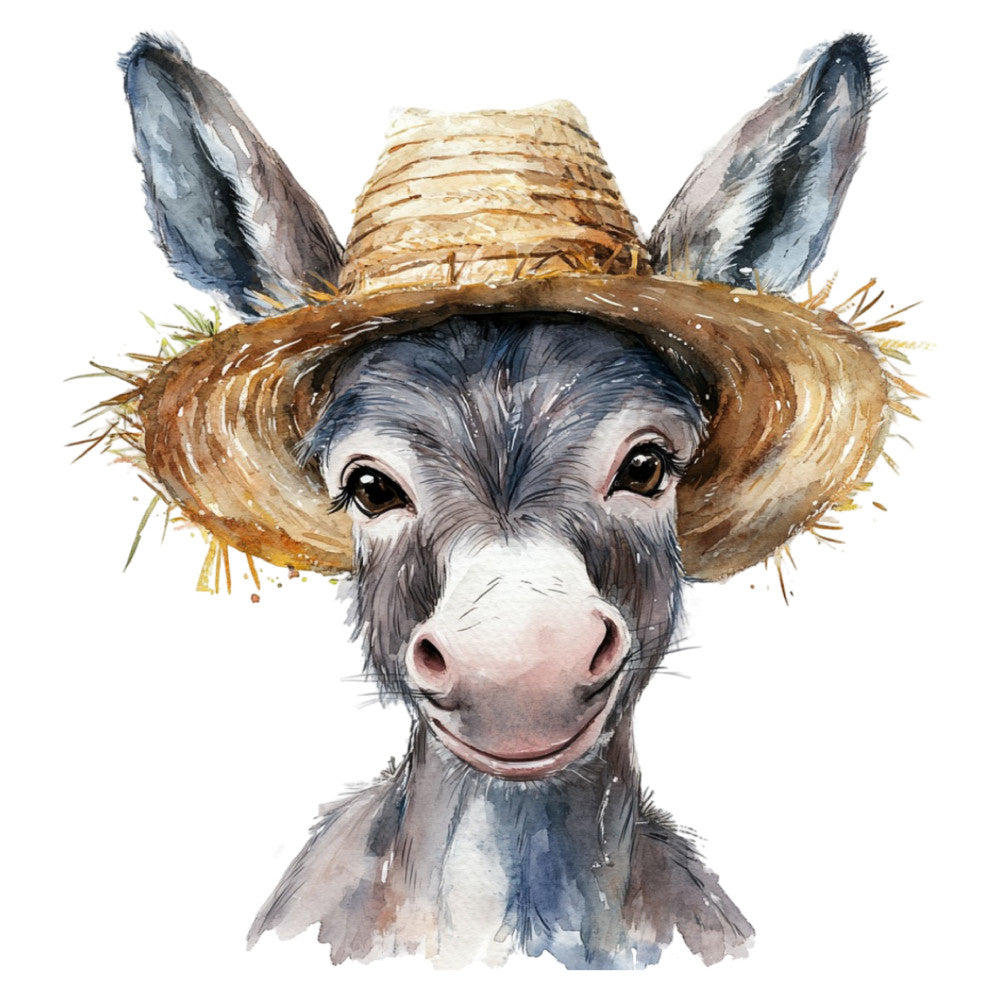 donkey, straw hat, farm animals, farmhouse, rustic, whimsical, cute animals, watercolor, portrait, gray, tan, brown, cream, charcoal, country style, barn animals, livestock, folk art, children's fabric, baby quilt, novelty print, animal lovers, nursery, playful, humorous, hand-painted look, illustrative, friendly characters, cottage core