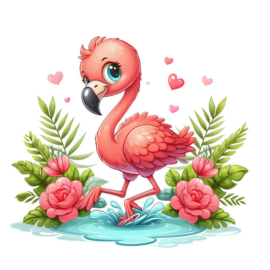pink flamingo, baby flamingo, coral pink, turquoise blue, green foliage, tropical flowers, water splash, hearts floating, cute cartoon style, fabric panel, quilting cotton, nursery theme, tropical birds, floral elements, whimsical art, pastel colors, children's fabric, animal illustration, nature scene