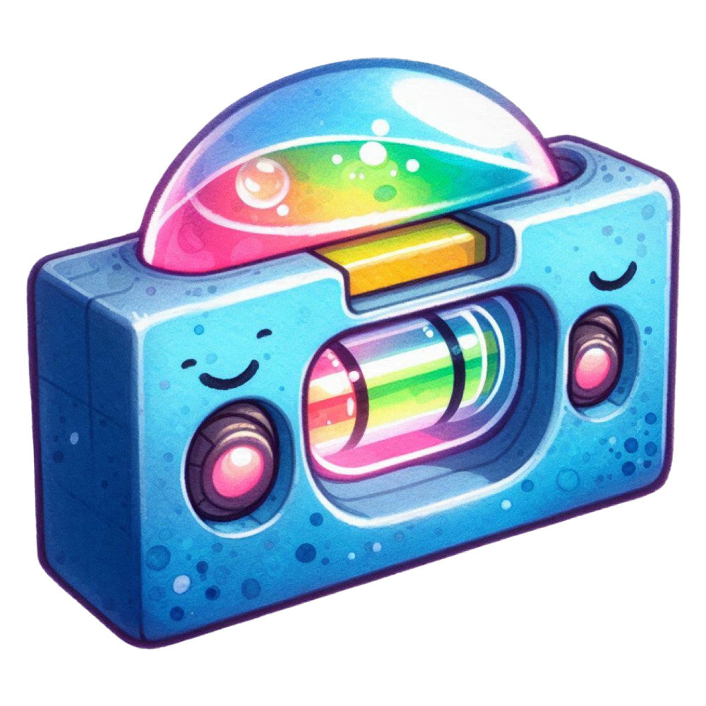 rainbow, colorful, bright colors, cyan blue, turquoise, hot pink, magenta, yellow, lime green, whimsical, playful, cute, retro, vintage camera, camera design, novelty, fun, children's, kids, artistic, creative, modern, pop art, smiling faces, happy, cheerful, tech themed, photography themed, multi-color stripes, gradient colors