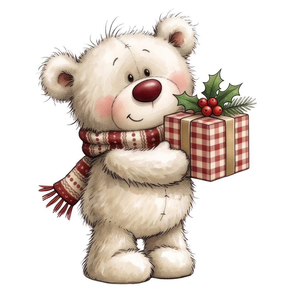cute teddy bear, white bear, christmas, holiday, festive, red and white checkered, plaid pattern, burgundy red, cream white, gift box, holly leaves, berries, winter, seasonal, whimsical, charming, children's, baby, nursery, cozy, traditional, warm tones, decorative bow, scarf, cheerful, illustrated, character panel, festive design