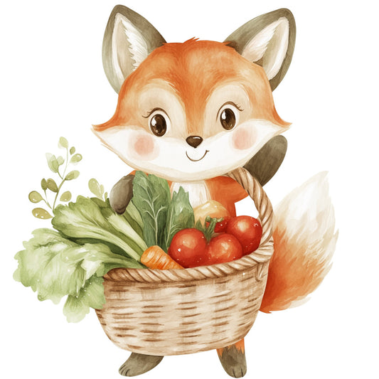 fox, woodland animals, cute animals, children's, baby, cream, orange, rust, sage green, white, ivory, vegetables, tomatoes, lettuce, carrots, basket, harvest, garden, nature, whimsical, playful, illustrative, storybook, pastoral, spring, summer, autumn, nursery, baby quilt, children's apparel