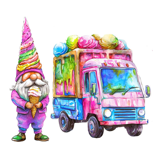 whimsical, ice cream, gnome, colorful, rainbow, bright pink, magenta, lime green, sky blue, yellow, purple, turquoise, multi-colored, ice cream truck, novelty, playful, fun, children, kids, vibrant, pastel, summer, whimsical characters, food themed, quirky, modern, illustration, cartoon style, panel design