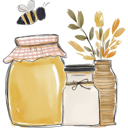 honey bee, bumblebee, yellow, cream, soft yellow, pale yellow, sage green, olive green, tan, beige, natural, rustic, farmhouse, cottagecore, nature, botanical, flowers, dried flowers, tulips, wildflowers, spring, summer, whimsical, vintage, country, jar, mason jar, honey pot, preserved flowers, garden