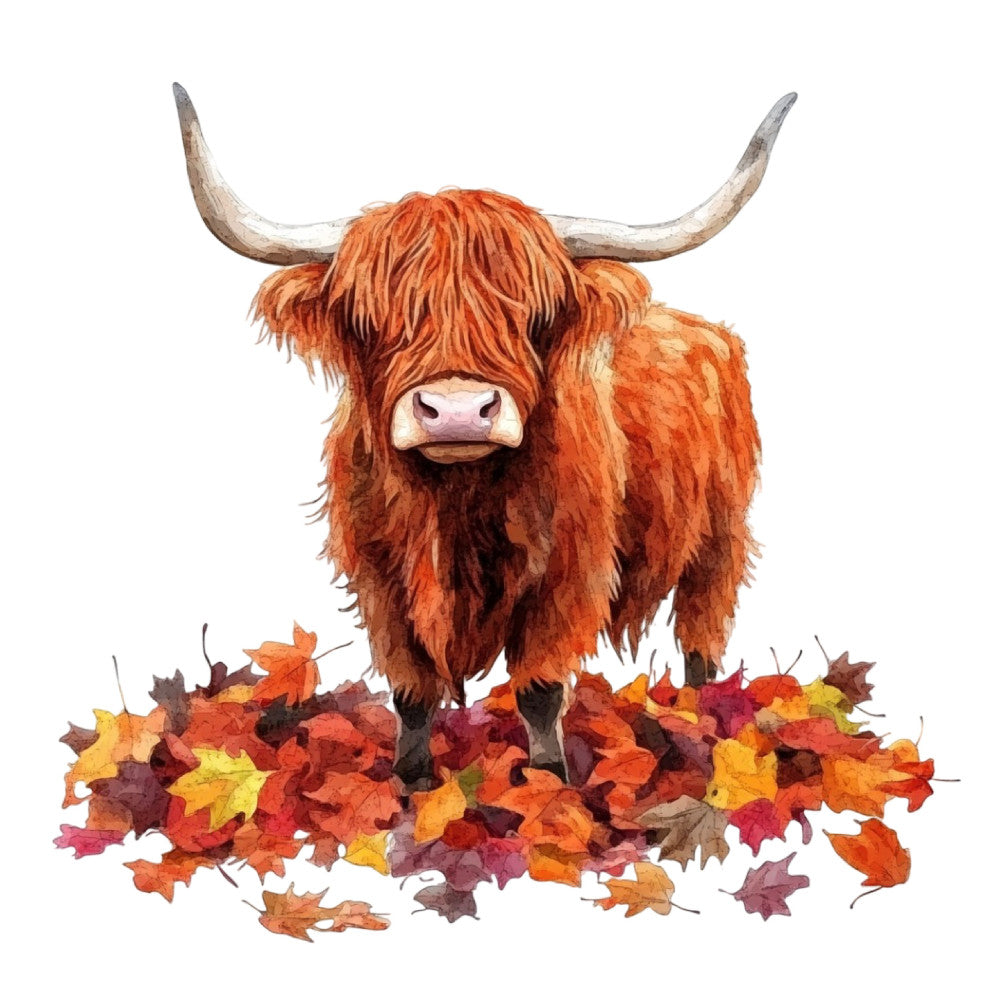 highland cattle, bull, oxen, russet orange, burnt orange, terracotta, cream, tan, autumn leaves, fall foliage, maple leaves, farmhouse, rustic, whimsical, countryside, barn animals, livestock, seasonal, autumn, fall, nature, animal lover, country living, cozy, warm tones, folk art, illustrated, decorative panel, home decor, thanksgiving