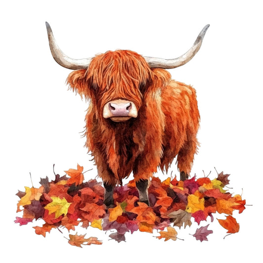 highland cattle, bull, oxen, russet orange, burnt orange, terracotta, cream, tan, autumn leaves, fall foliage, maple leaves, farmhouse, rustic, whimsical, countryside, barn animals, livestock, seasonal, autumn, fall, nature, animal lover, country living, cozy, warm tones, folk art, illustrated, decorative panel, home decor, thanksgiving