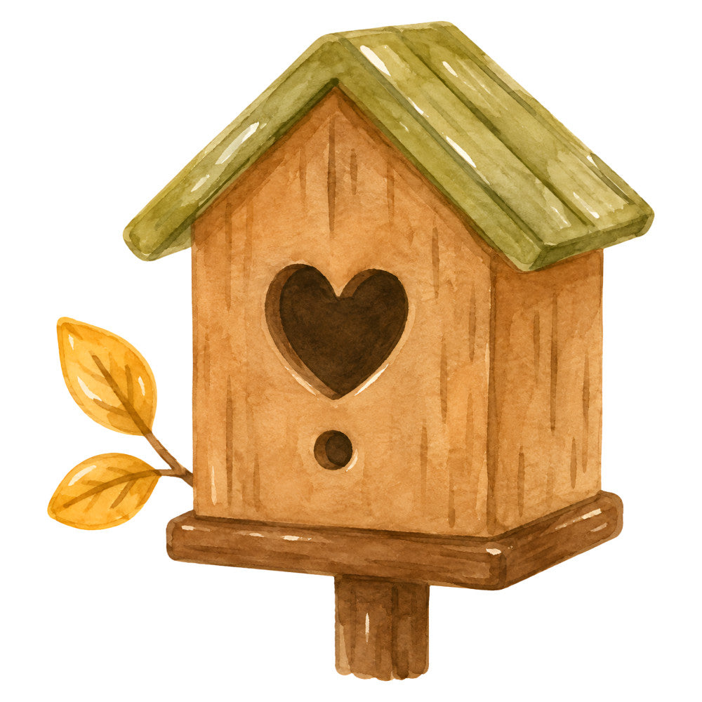birdhouse, heart, nature, woodland, rustic, cottage core, farmhouse, spring, summer, autumn, golden yellow, sage green, terracotta, warm tones, earthy colors, whimsical, folk art, country, vintage, leaves, branch, home decor, wall hanging, sweet, charming, traditional, cozy, garden theme, natural wood
