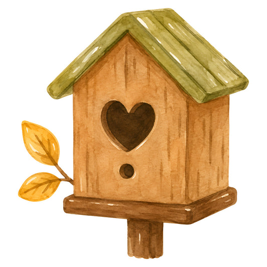 birdhouse, heart, nature, woodland, rustic, cottage core, farmhouse, spring, summer, autumn, golden yellow, sage green, terracotta, warm tones, earthy colors, whimsical, folk art, country, vintage, leaves, branch, home decor, wall hanging, sweet, charming, traditional, cozy, garden theme, natural wood