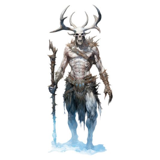 skull, skeleton, deer antlers, fantasy, dark fantasy, gothic, supernatural, mystical, winter, frost, icy blue, pale gray, bone white, charcoal gray, blue tones, ethereal, spooky, horror, dark art, creature, monster, magical, otherworldly, fantasy character, dramatic, moody, winter palette, frozen, ice effects