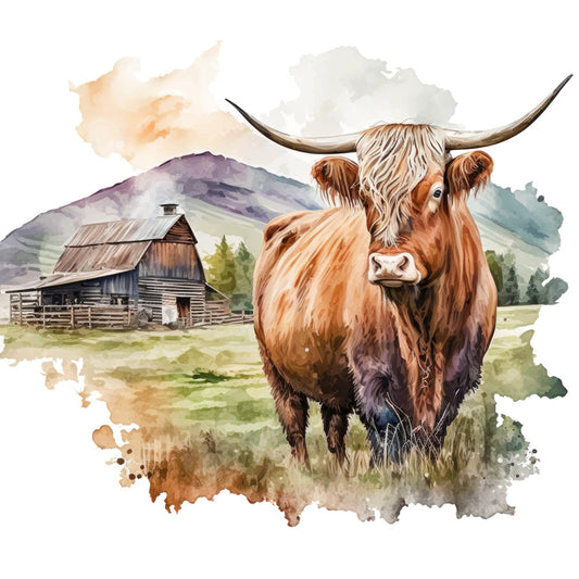 Watercolor Highland Cows Fabric Panel 6 featuring a detailed highland cow in a rustic farm landscape scene in premium quilting cotton.