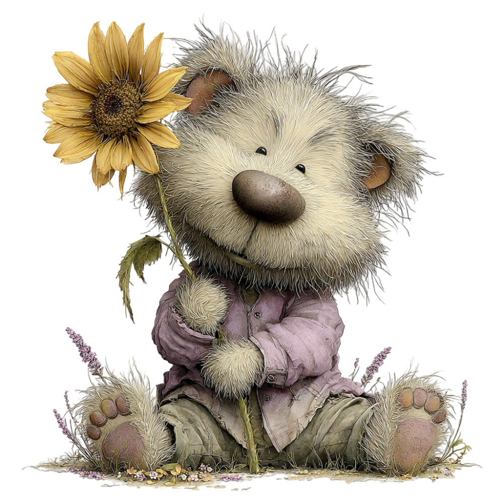 fluffy animal, cute bear, whimsical character, sunflower, yellow flower, lavender flowers, soft pastels, cream colored, dusty rose, sage green, nature themed, woodland creature, children's illustration, storybook character, gentle and sweet, charming design, decorative panel, baby quilt, nursery decor, illustrated animal, fuzzy texture, spring theme, garden motif, floral elements, adorable character, soft illustration, kids bedding, wall art, tender illustration, cozy aesthetic