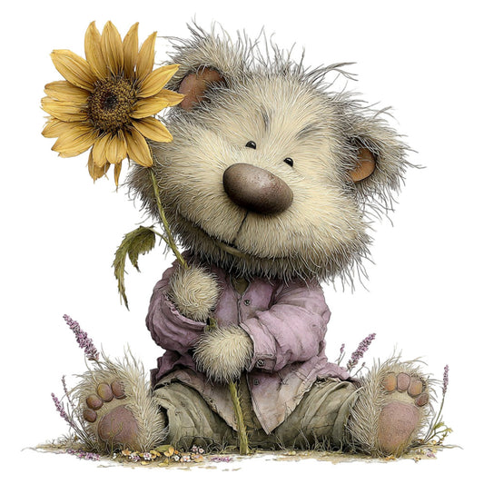 fluffy animal, cute bear, whimsical character, sunflower, yellow flower, lavender flowers, soft pastels, cream colored, dusty rose, sage green, nature themed, woodland creature, children's illustration, storybook character, gentle and sweet, charming design, decorative panel, baby quilt, nursery decor, illustrated animal, fuzzy texture, spring theme, garden motif, floral elements, adorable character, soft illustration, kids bedding, wall art, tender illustration, cozy aesthetic