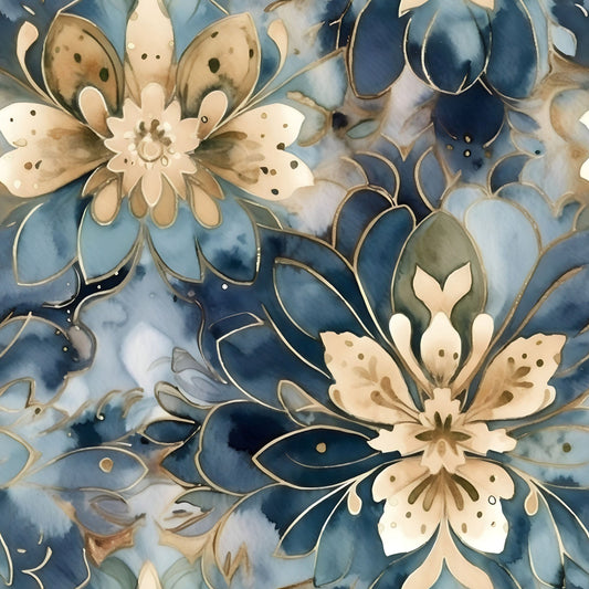 Gold and Blue Florals Pattern 1 Quilting Cotton Fabric
