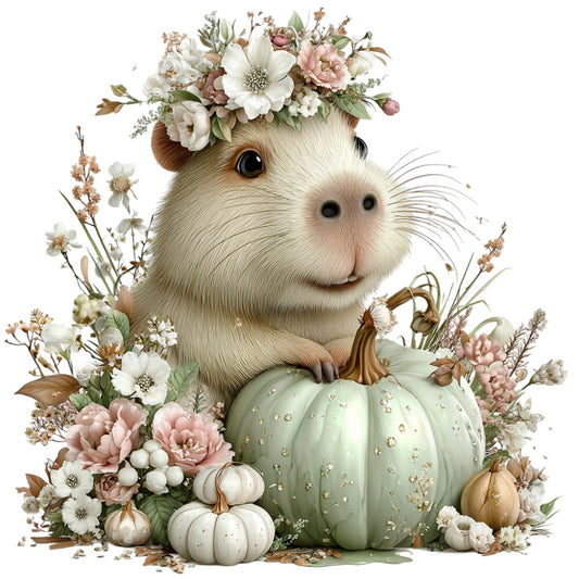guinea pig, cute animal, floral, pumpkin, autumn, fall, harvest, cream, ivory, blush pink, dusty rose, sage green, tan, brown, whimsical, botanical, woodland, farmhouse, rustic, elegant, vintage, flowers, peonies, daisies, pumpkins, gourds, nature, autumn harvest, seasonal, children's