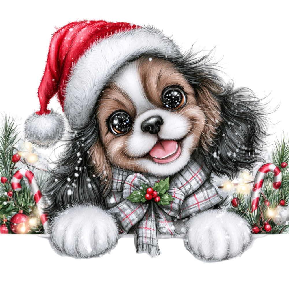 cute puppy, christmas dog, holiday animal, festive pet, spaniel, brown and white, cream white, red and white plaid, tartan, candy canes, holly berries, evergreen, santa hat, christmas ornaments, twinkling lights, whimsical, cheerful, playful, baby animal, winter holiday, seasonal decoration, christmas themed, joyful expression, family friendly, children's design, gift wrap style, decorative border, standing puppy, festive scarf