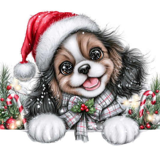 cute puppy, christmas dog, holiday animal, festive pet, spaniel, brown and white, cream white, red and white plaid, tartan, candy canes, holly berries, evergreen, santa hat, christmas ornaments, twinkling lights, whimsical, cheerful, playful, baby animal, winter holiday, seasonal decoration, christmas themed, joyful expression, family friendly, children's design, gift wrap style, decorative border, standing puppy, festive scarf