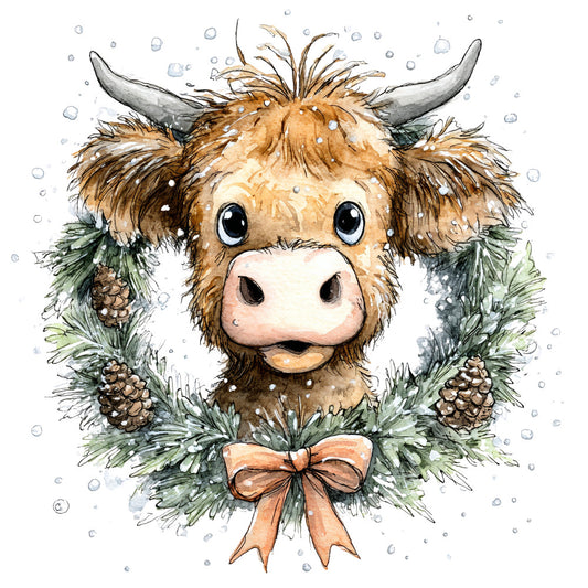 Vintage Christmas Highland Cows Fabric Panel 21