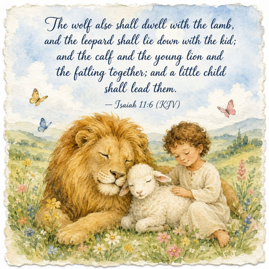 biblical verse, soft pastels, cream, soft blue, pale green, golden brown, lamb, lion, child, animals, nature, peaceful, whimsical, gentle, inspirational, religious, scripture quote, Isaiah, peaceful coexistence, harmony, innocence, soft watercolor, storybook illustration, vintage illustration, nursery, baby, children's theme, pastoral, meadow, wildflowers
