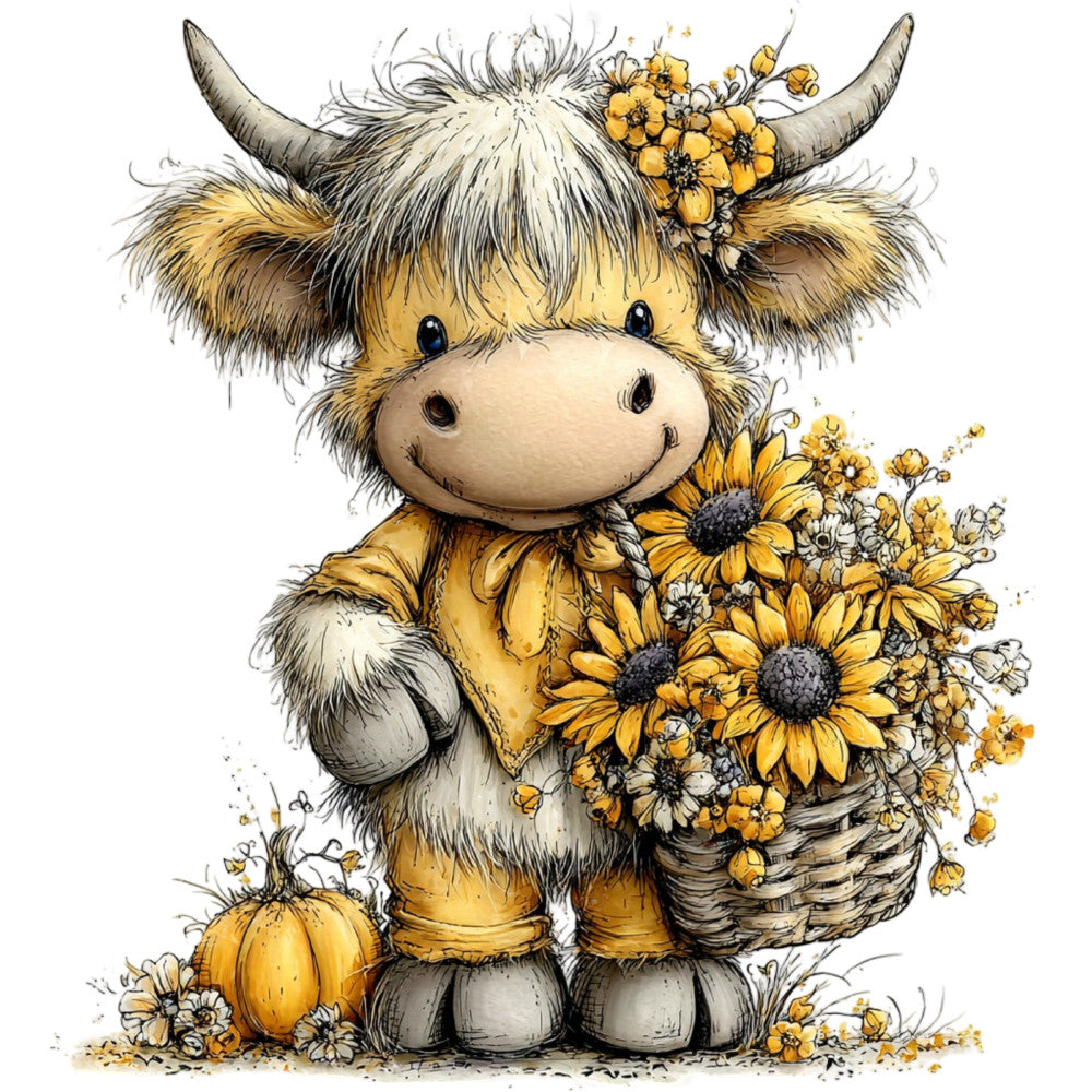 gold, cream, tan, white, black, yellow, sunflower yellow, warm tones, highland cattle, highland cow, bull, animal, whimsical, cute, charming, folk art, farmhouse, rustic, autumn, fall, harvest, sunflowers, wildflowers, pumpkin, floral, nature, cottage core, children's, baby, decorative