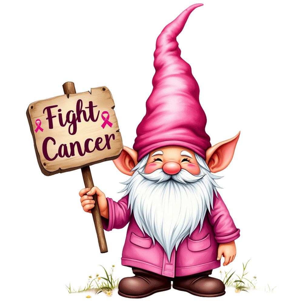 fabric panel, breast cancer awareness, pink ribbon, gnome character, whimsical illustration, cartoon style, pink hat, white beard, wooden sign, fight cancer message, cheerful gnome, supportive theme, quilting cotton, craft project, inspirational design, garden gnome, awareness campaign, charitable cause, sewing panel, decorative fabric