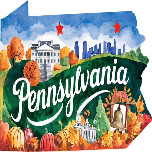 Classic US States Fabric Panel 40 featuring Pennsylvania with landmarks, autumn foliage, and vibrant quilting cotton print.