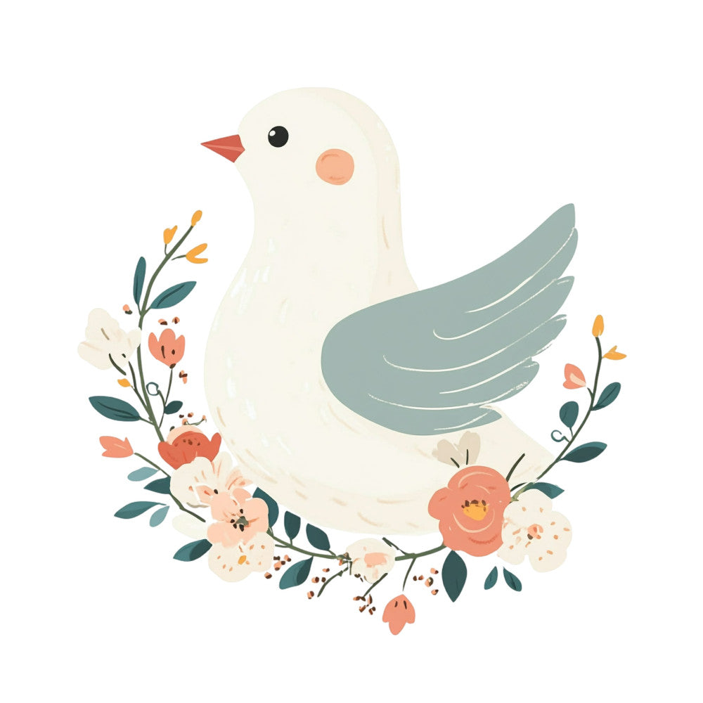 cream bird, sage green wings, coral pink, peach, dusty rose, cream white, teal leaves, floral wreath, botanical, nature, bird illustration, whimsical, spring, garden, peaceful, gentle, soft colors, feminine, decorative, baby quilt, nursery, wall hanging, romantic, watercolor style, hand-painted feel, flowers and leaves, ornamental bird, cottage core, vintage inspired, natural elements